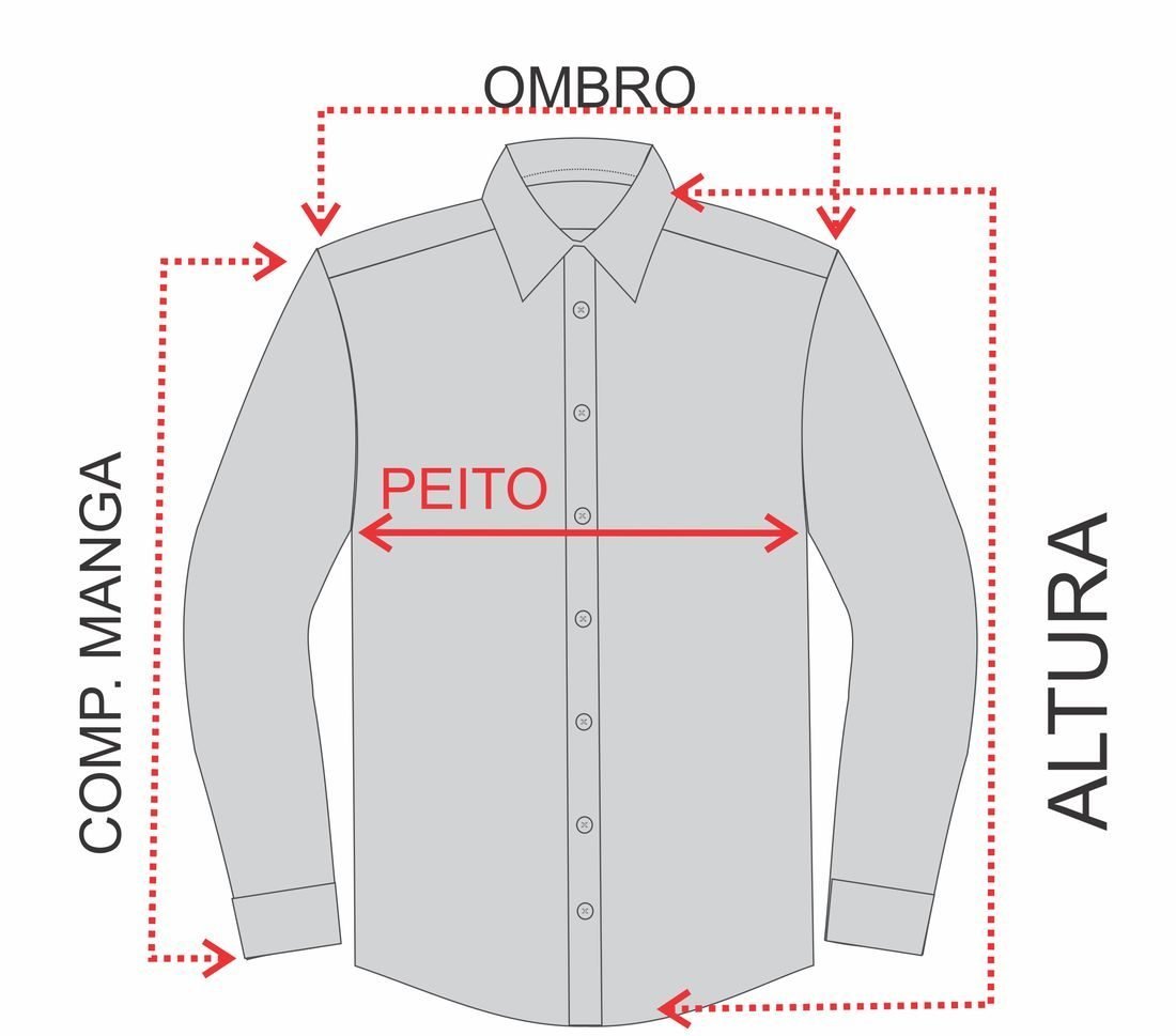 Desenho técnico da camisa indicando onde medir ombro, peito, altura e comprimento da manga