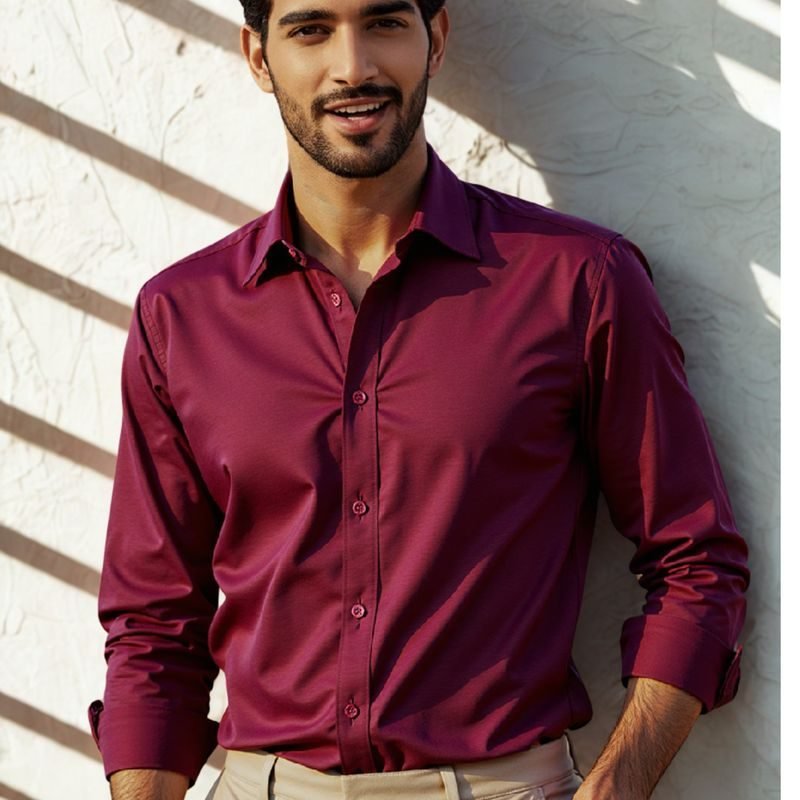 Modelo vestindo camisa social slim bordô