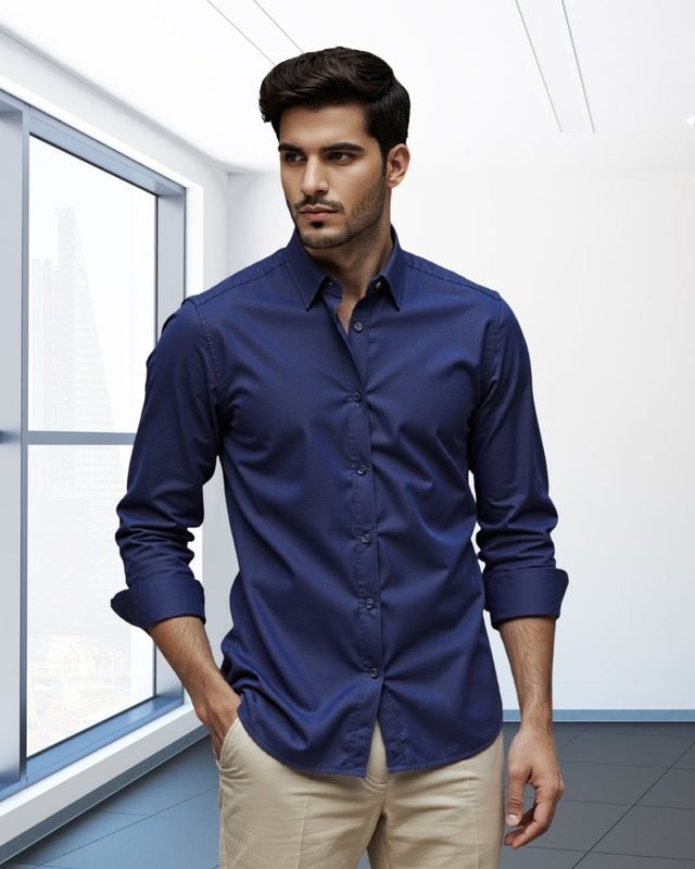 Camisa social slim Azul Marinho, Ref. 04, vestida por modelo