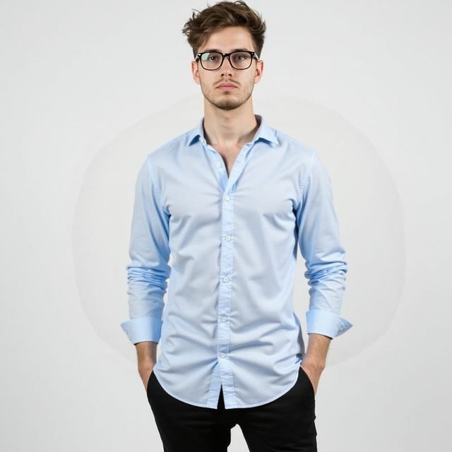 Camisa social slim Azul Claro, Ref. 05, vestida por modelo