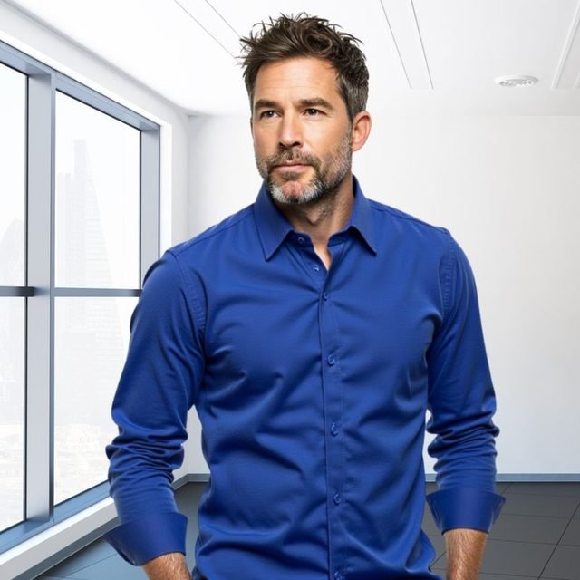 Camisa social slim Azul Royal, Ref. 07, vestida por modelo