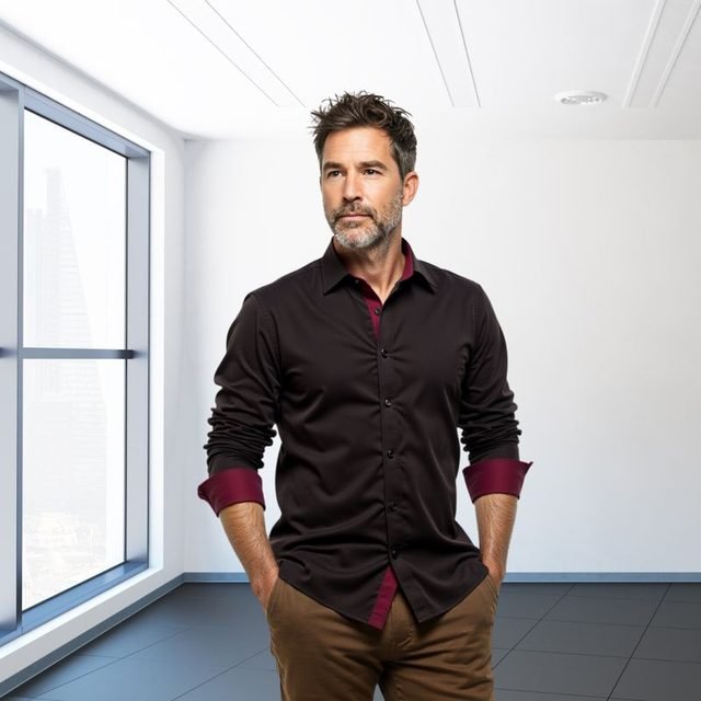 Camisa social slim Preta com Gola Bordô, Ref. 12, vestida por modelo