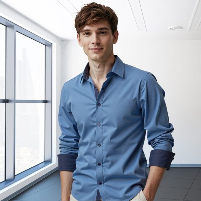 Camisa social slim Azul Médio com Gola Marinho, Ref. 14, vestida por modelo