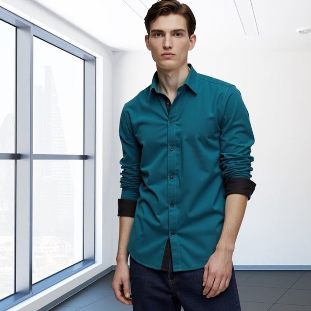 Camisa social slim Verde Jade com Gola Preta, Ref. 16, vestida por modelo